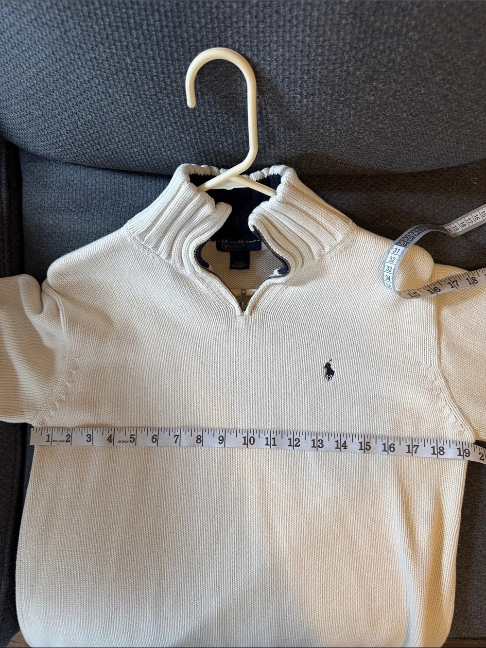 Polo by Ralph Lauren Cream 1/4 zip, 100% Cotton Sweater with Navy Logo size M